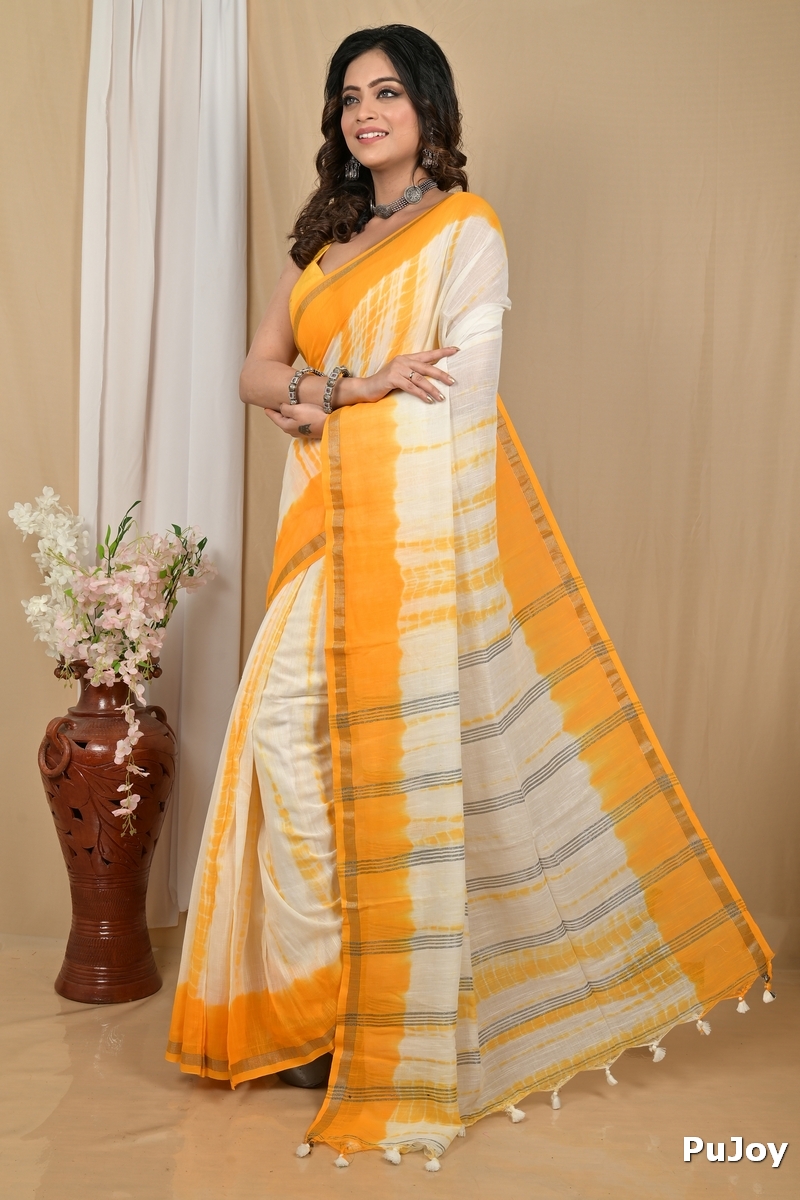 Yellow White Pure Cotton Achmol Badhni Dye Saree (2238)