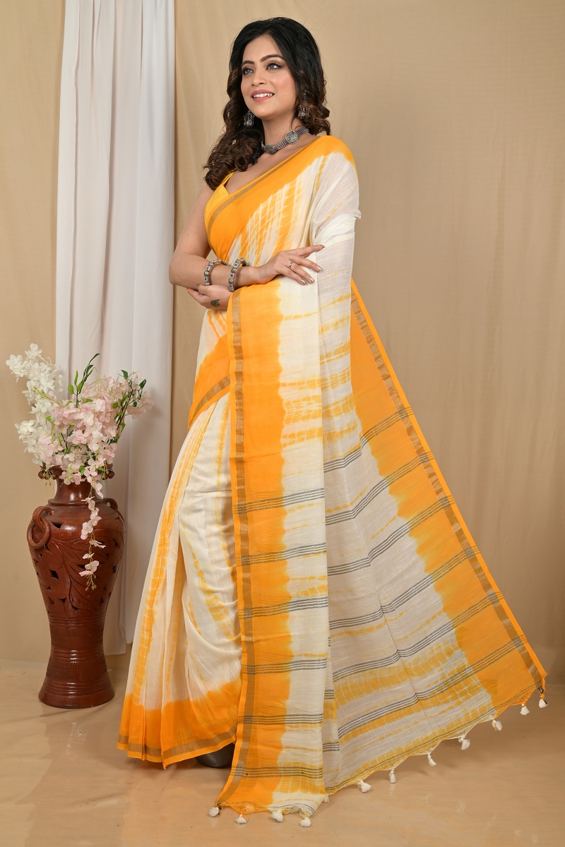 Yellow White Pure Cotton Achmol Badhni Dye Saree (2238)