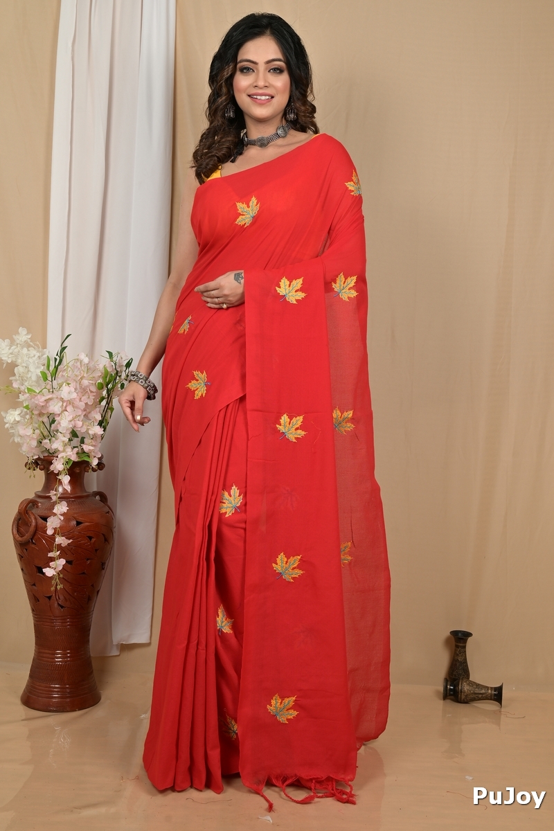 Red Pure Cotton Achrun Embroidery Handloom saree (2240)