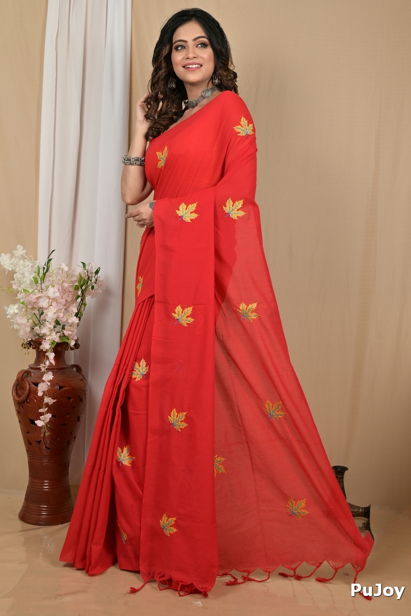 Red Pure Cotton Achrun Embroidery Handloom saree (2240)