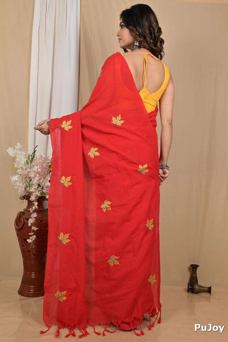Red Pure Cotton Achrun Embroidery Handloom saree (2240)