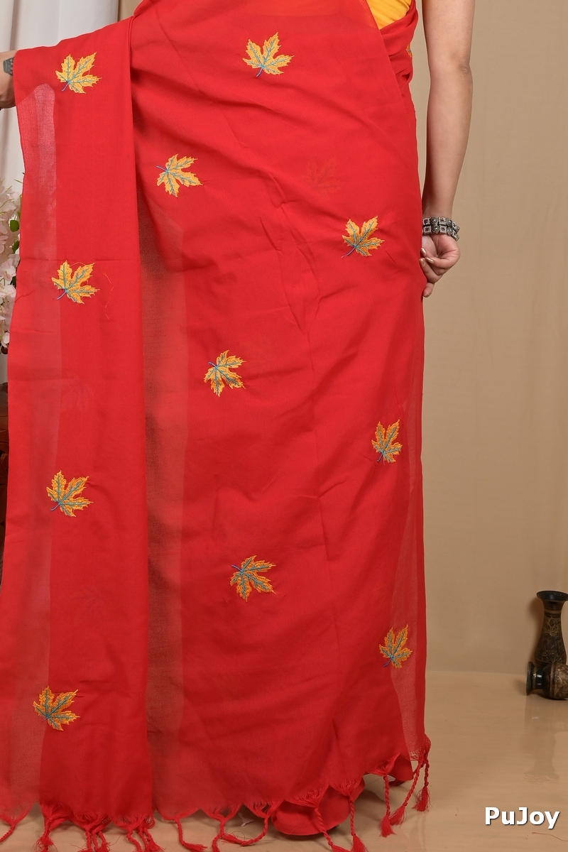 Red Pure Cotton Achrun Embroidery Handloom saree (2240)