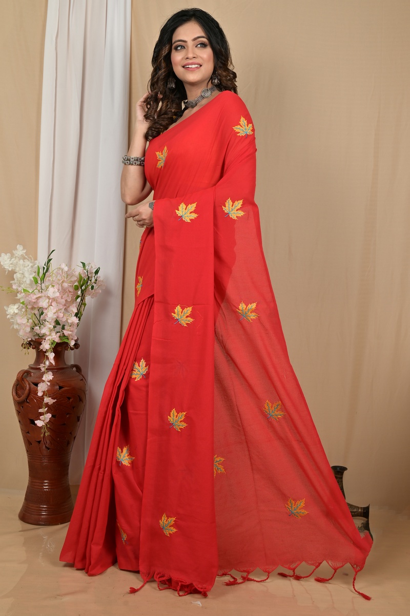 Red Pure Cotton Achrun Embroidery Handloom saree (2240)