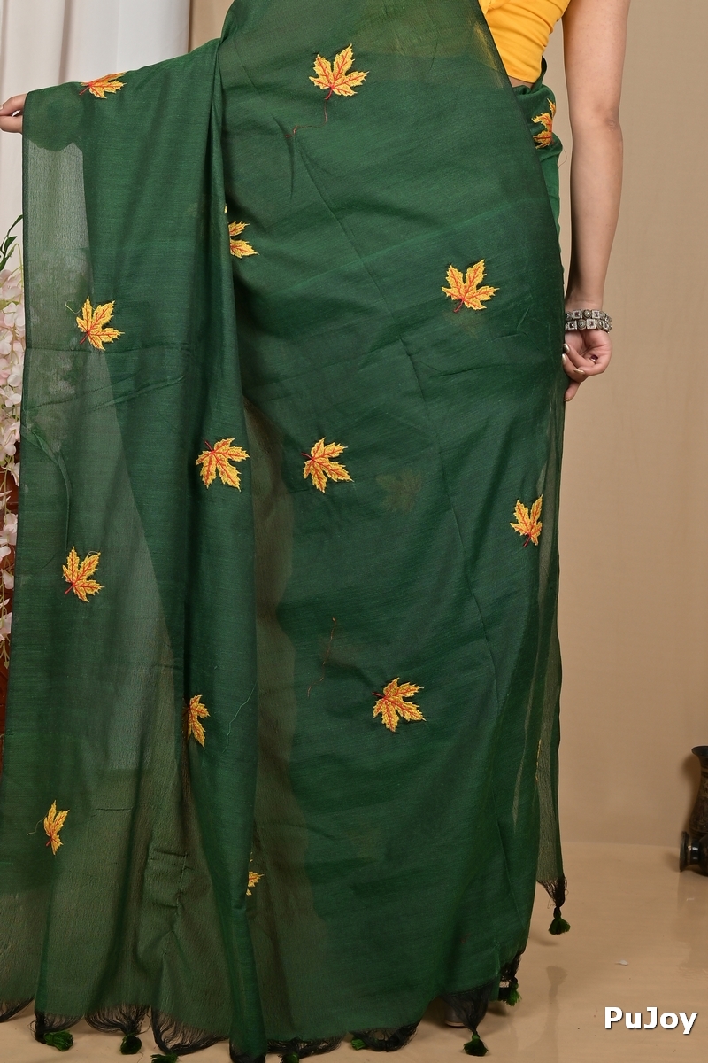 Dark Green Pure Cotton Achrun Embroidery Handloom saree (2241)