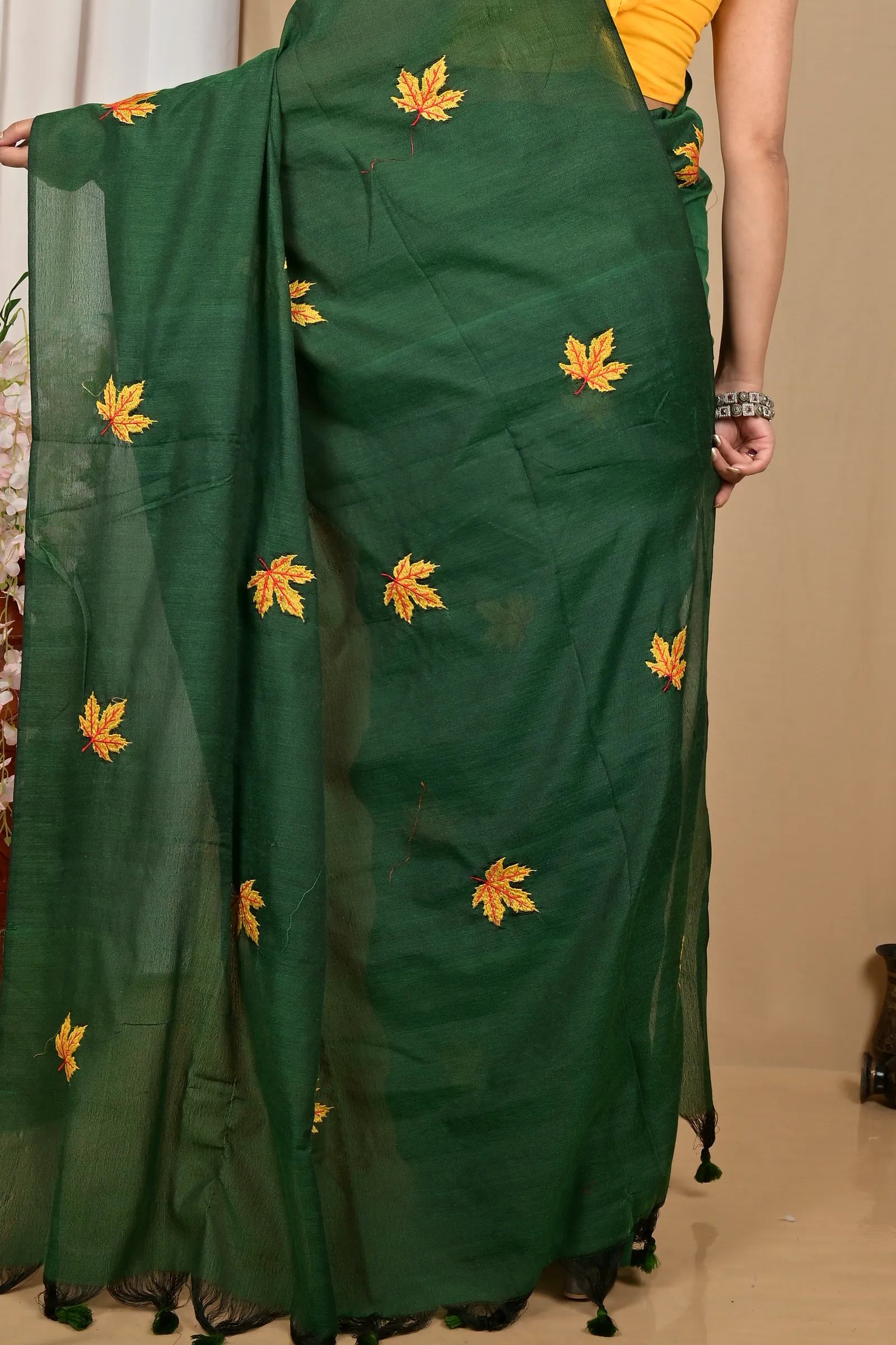 Dark Green Pure Cotton Achrun Embroidery Handloom saree (2241)