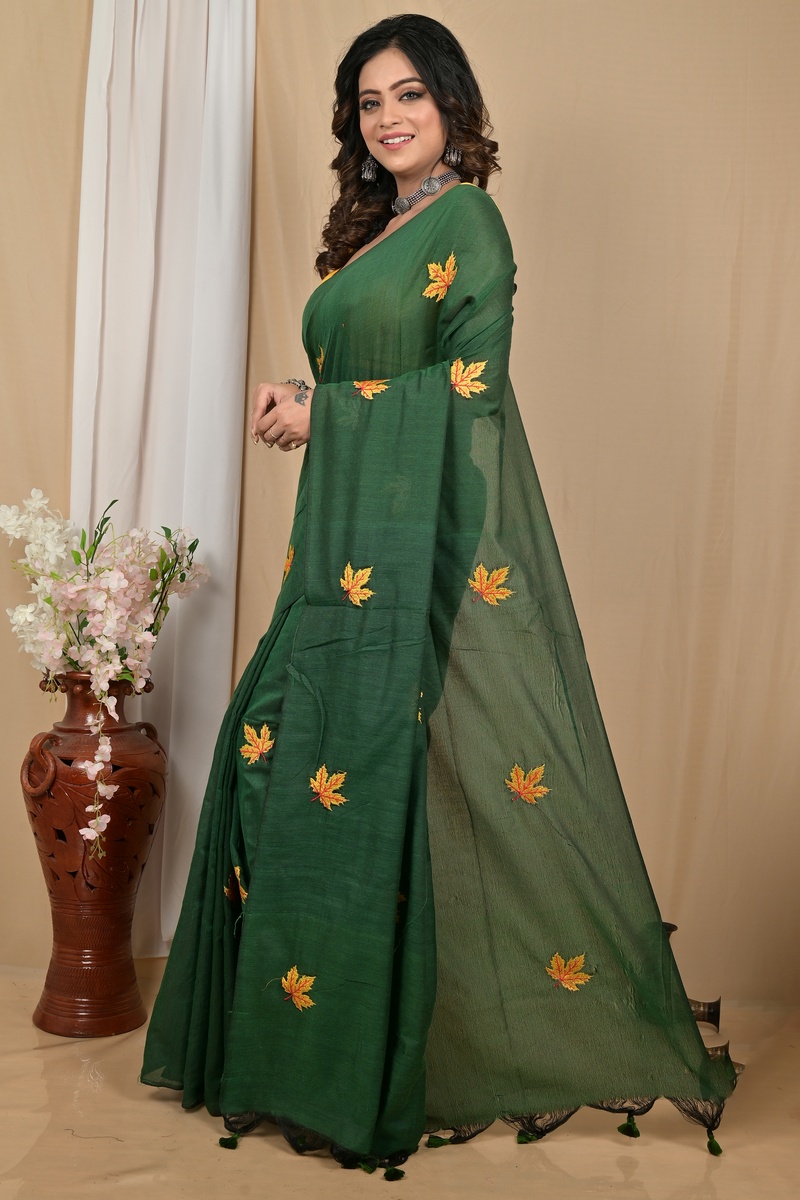 Dark Green Pure Cotton Achrun Embroidery Handloom saree (2241)