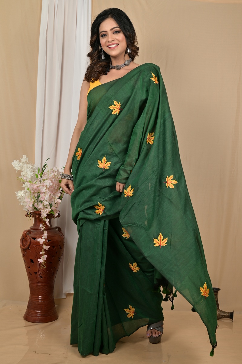 Dark Green Pure Cotton Achrun Embroidery Handloom saree (2241)