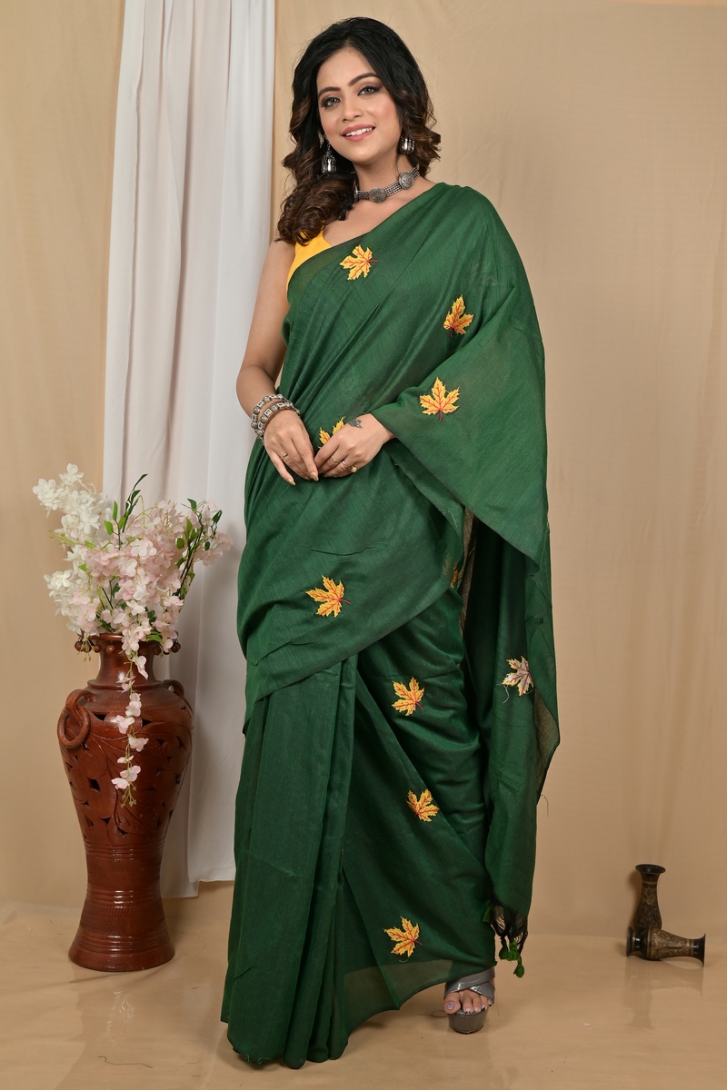 Dark Green Pure Cotton Achrun Embroidery Handloom saree (2241)