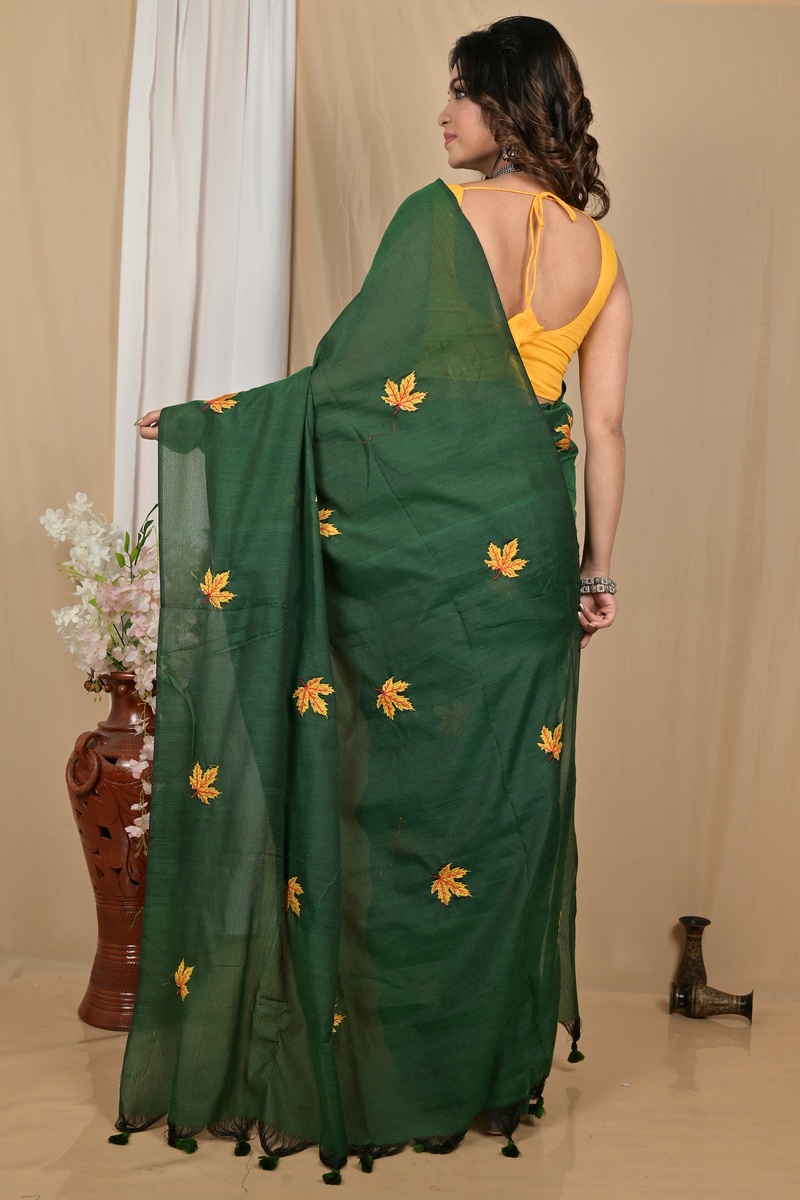 Dark Green Pure Cotton Achrun Embroidery Handloom saree (2241)