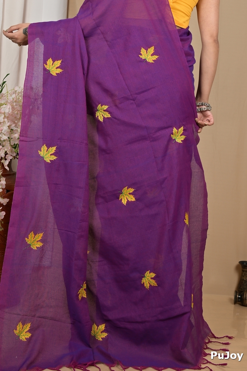 Dark Purpel Pure Cotton Achrun Embroidery Handloom saree (2242)