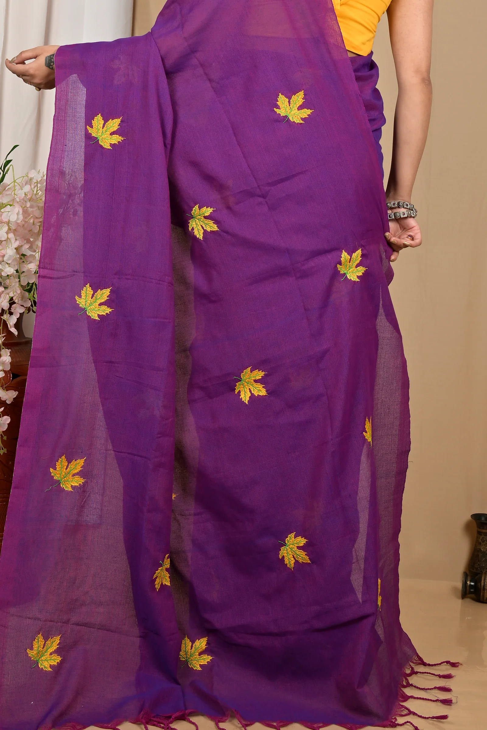 Dark Purpel Pure Cotton Achrun Embroidery Handloom saree (2242)