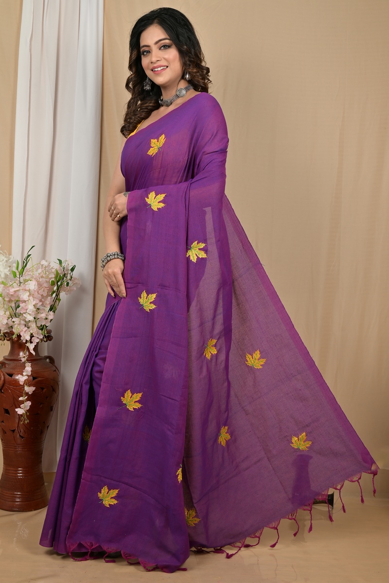 Dark Purpel Pure Cotton Achrun Embroidery Handloom saree (2242)