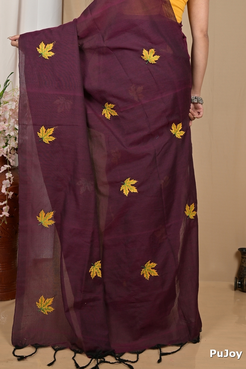 Dark Brown Pure Cotton Achrun Embroidery Handloom saree (2244)