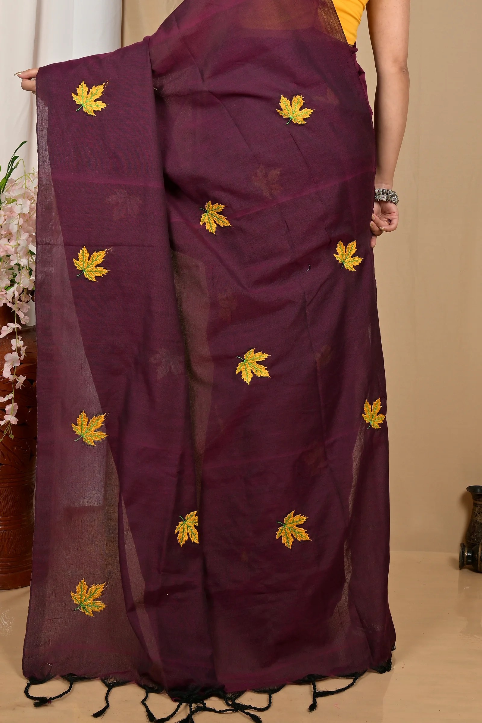 Dark Brown Pure Cotton Achrun Embroidery Handloom saree (2244)