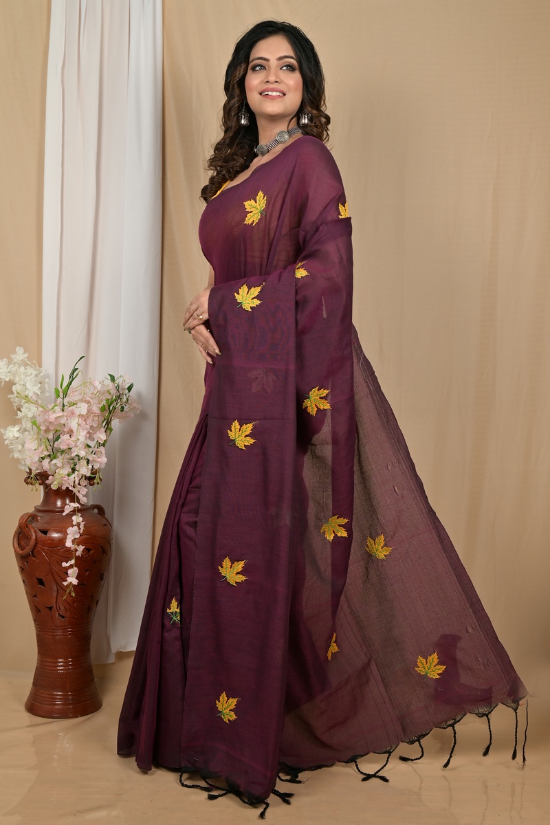 Dark Brown Pure Cotton Achrun Embroidery Handloom saree (2244)