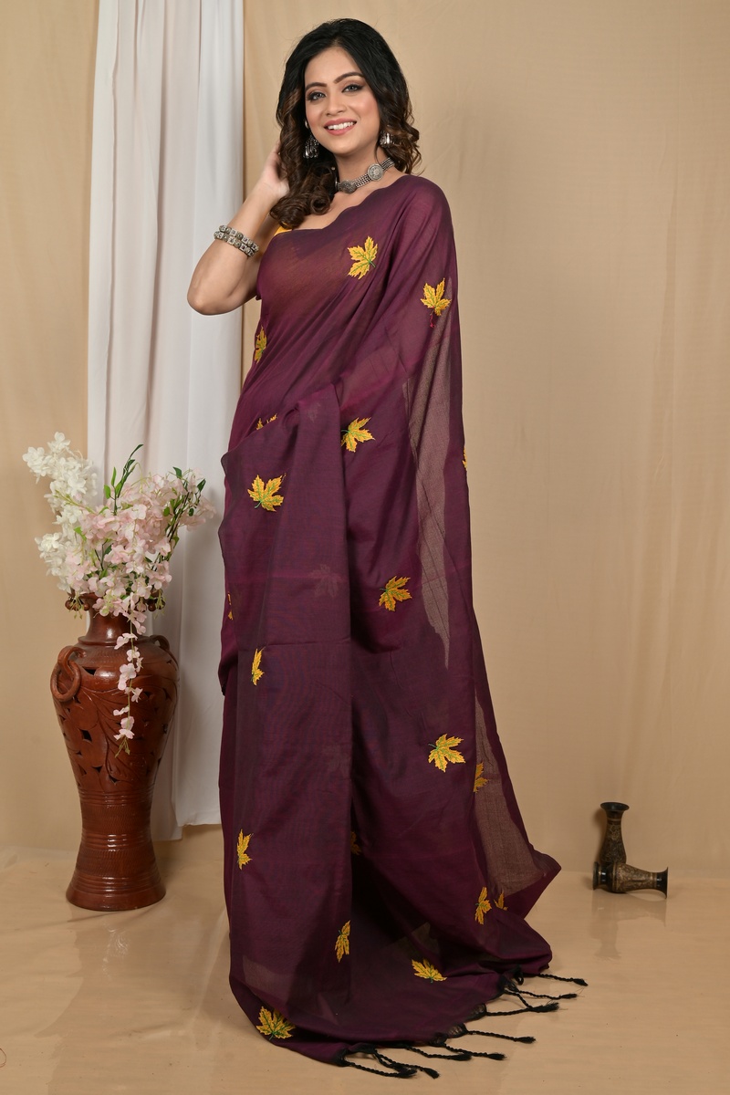 Dark Brown Pure Cotton Achrun Embroidery Handloom saree (2244)
