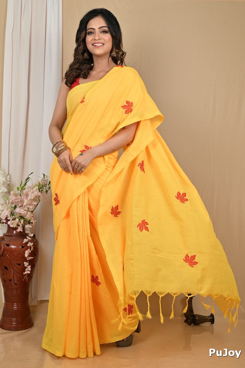 Yellow Pure Cotton Achrun Embroidery Handloom saree (2245)