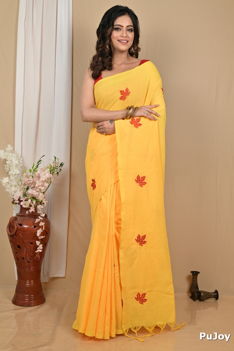 Yellow Pure Cotton Achrun Embroidery Handloom saree (2245)