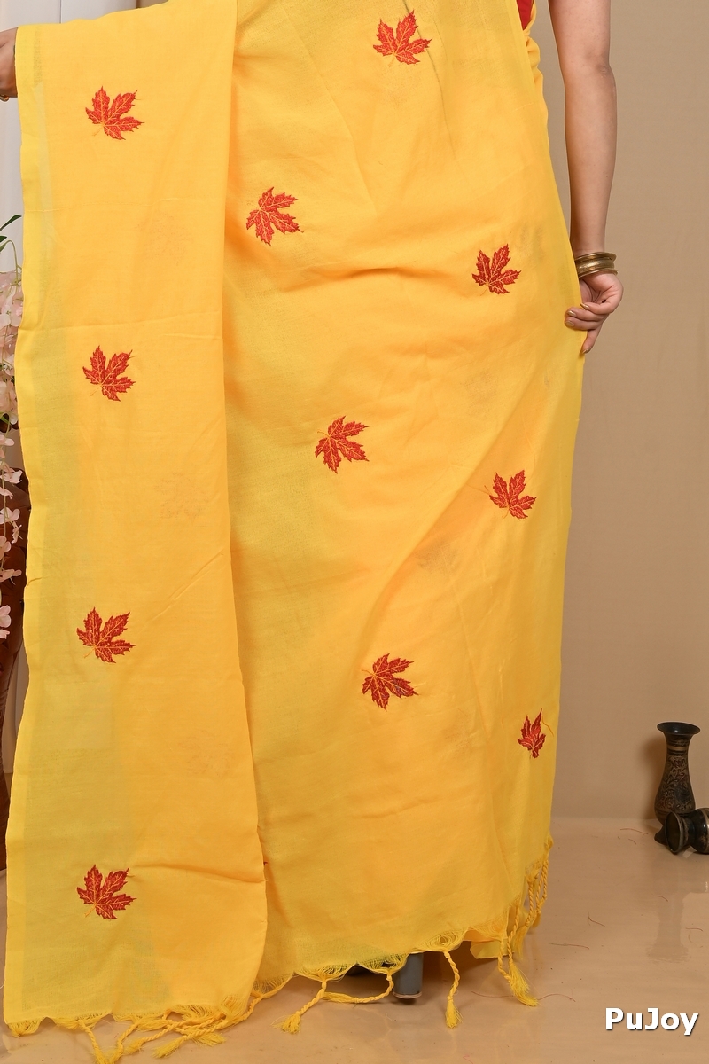 Yellow Pure Cotton Achrun Embroidery Handloom saree (2245)