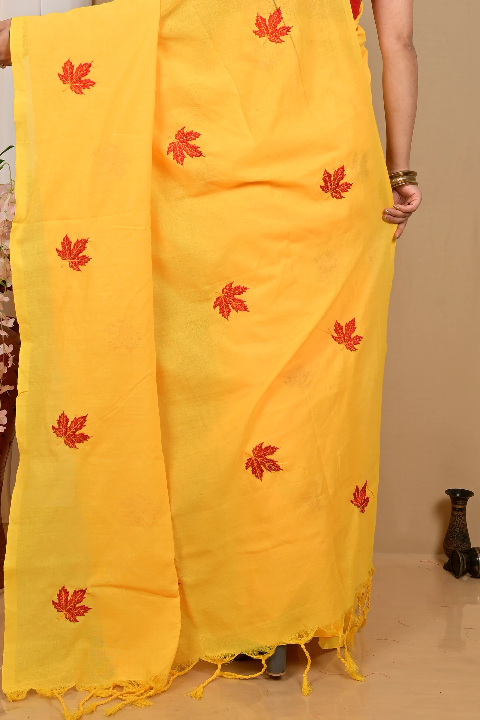 Yellow Pure Cotton Achrun Embroidery Handloom saree (2245)