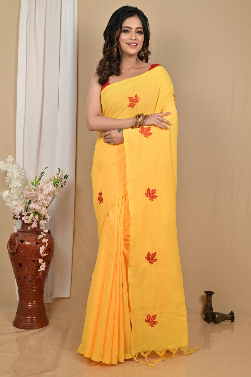 Yellow Pure Cotton Achrun Embroidery Handloom saree (2245)