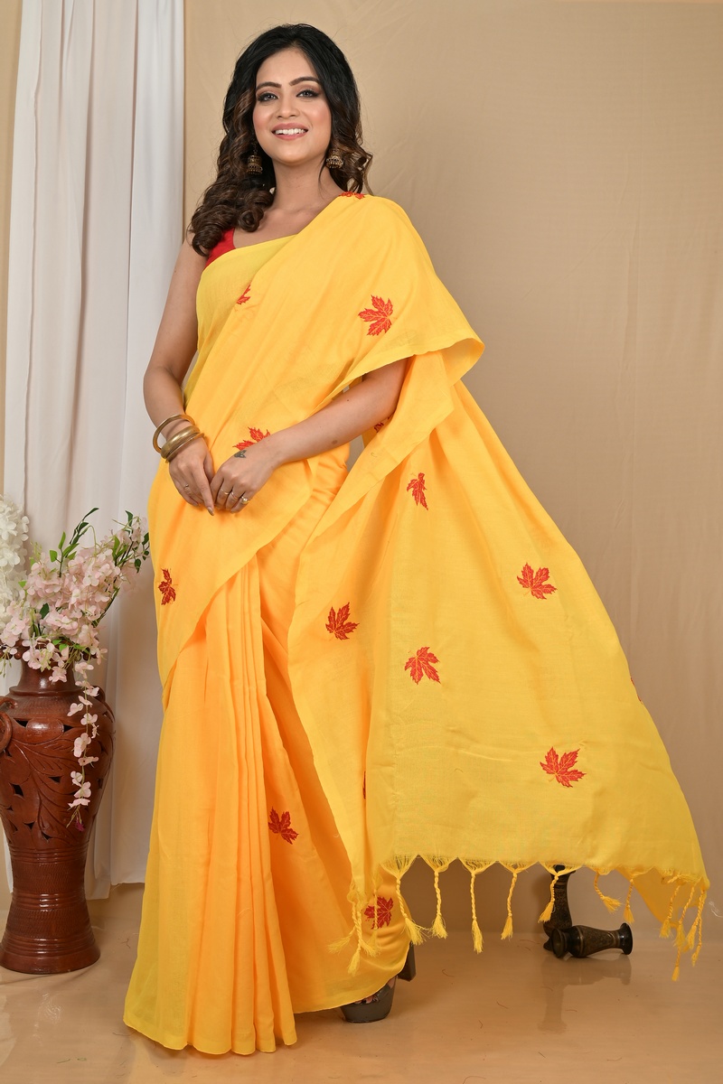Yellow Pure Cotton Achrun Embroidery Handloom saree (2245)