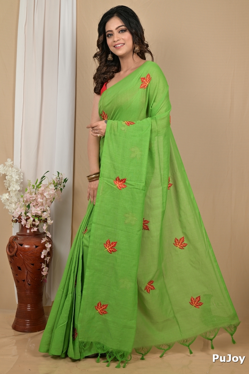 Green Pure Cotton Achrun Embroidery Handloom saree (2246)