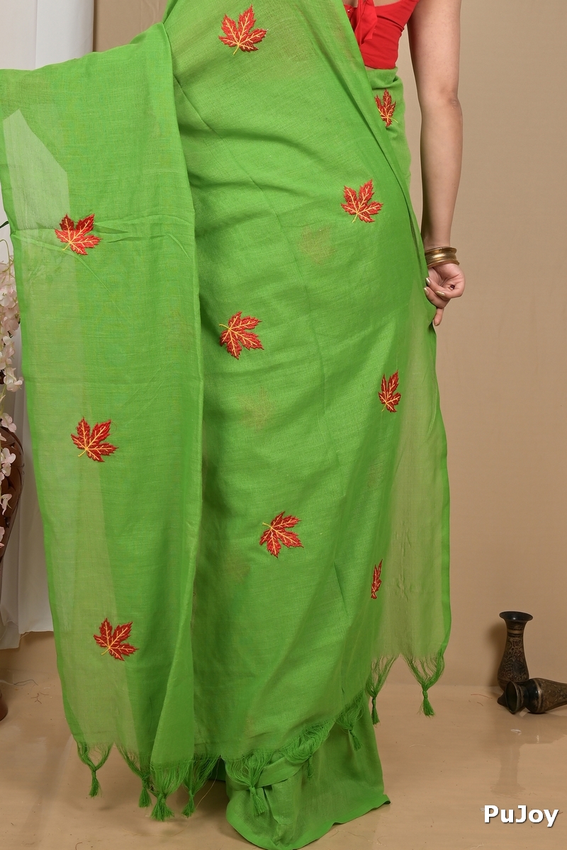 Green Pure Cotton Achrun Embroidery Handloom saree (2246)