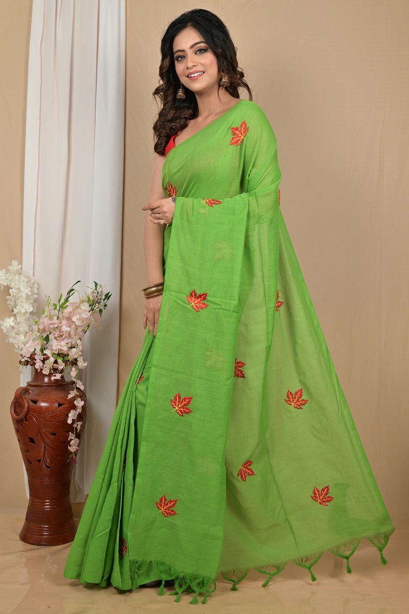 Green Pure Cotton Achrun Embroidery Handloom saree (2246)