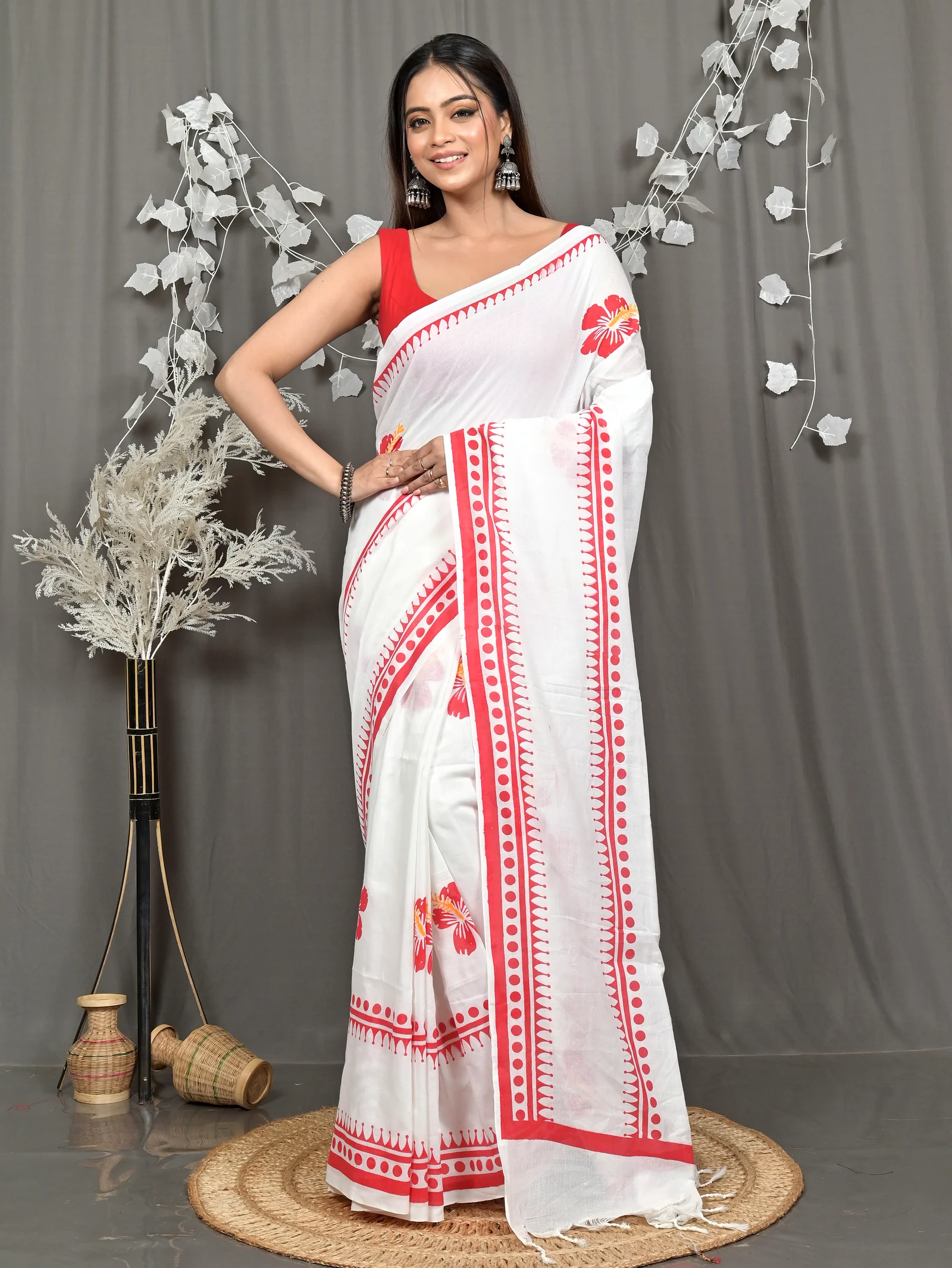 White Red Pure Cotton Borma Handloom Saree (2260)