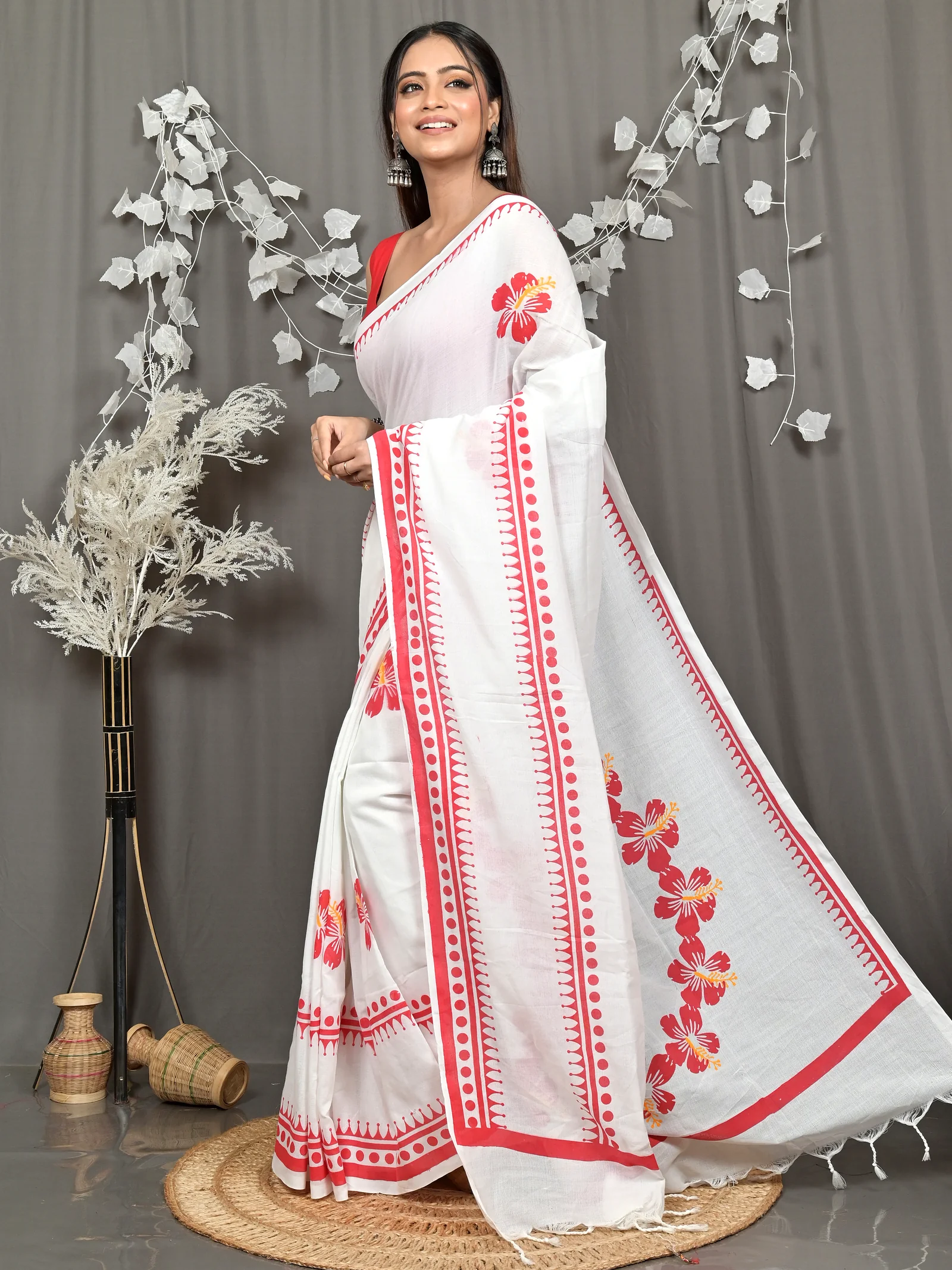 White Red Pure Cotton Borma Handloom Saree (2260)