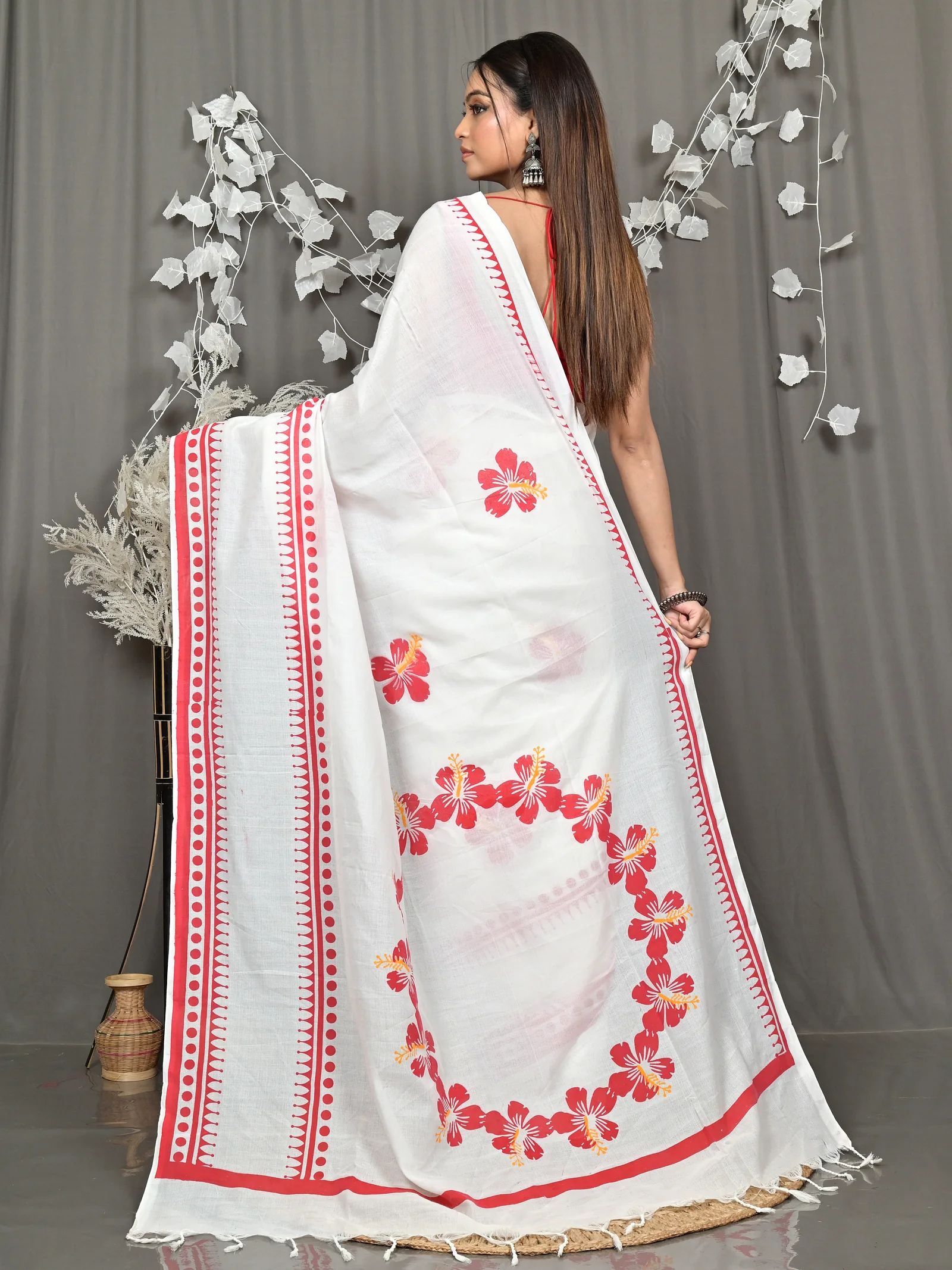 White Red Pure Cotton Borma Handloom Saree (2260)