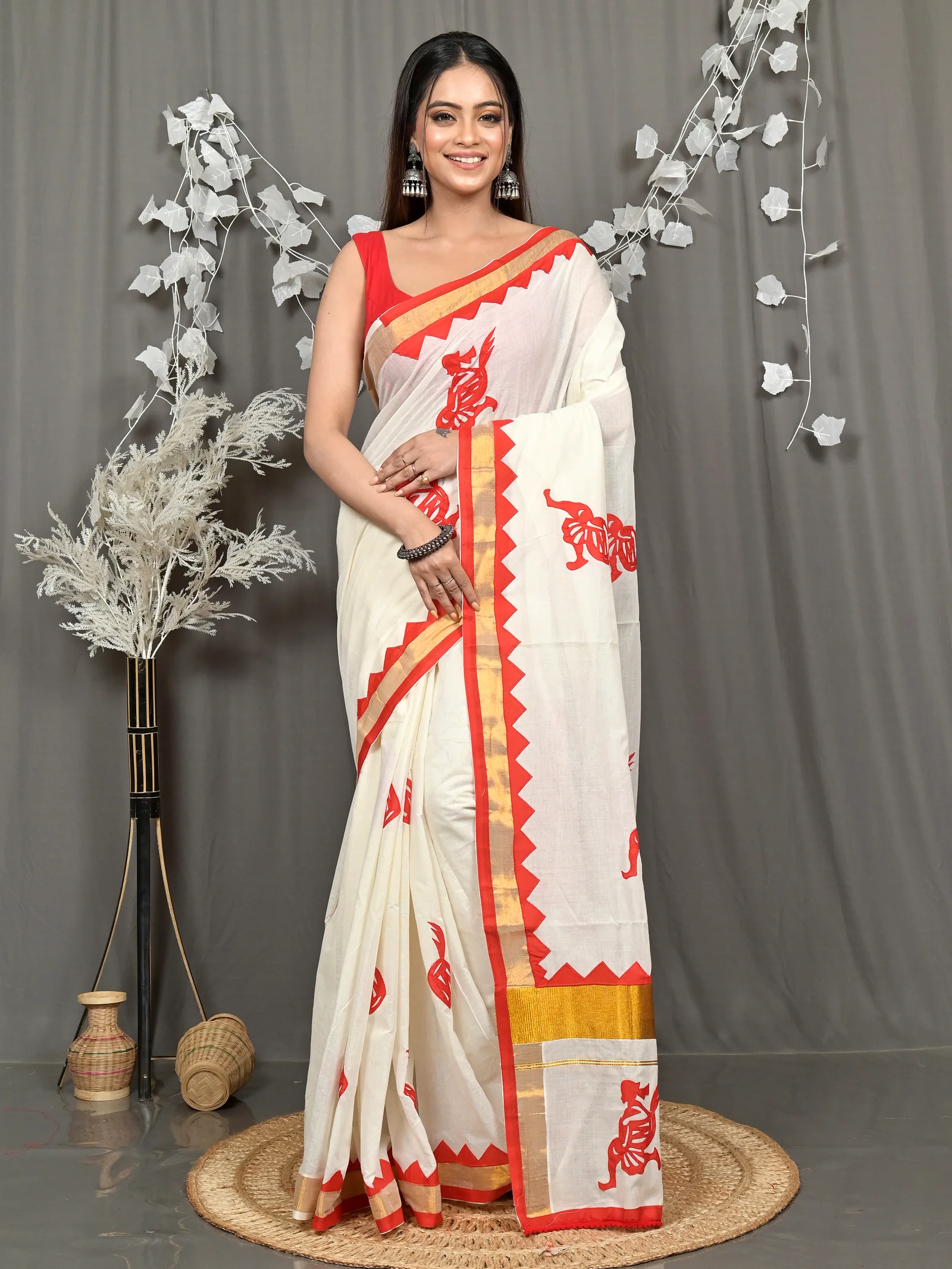 White Red Pure Cotton Borma Handloom Saree (2261)