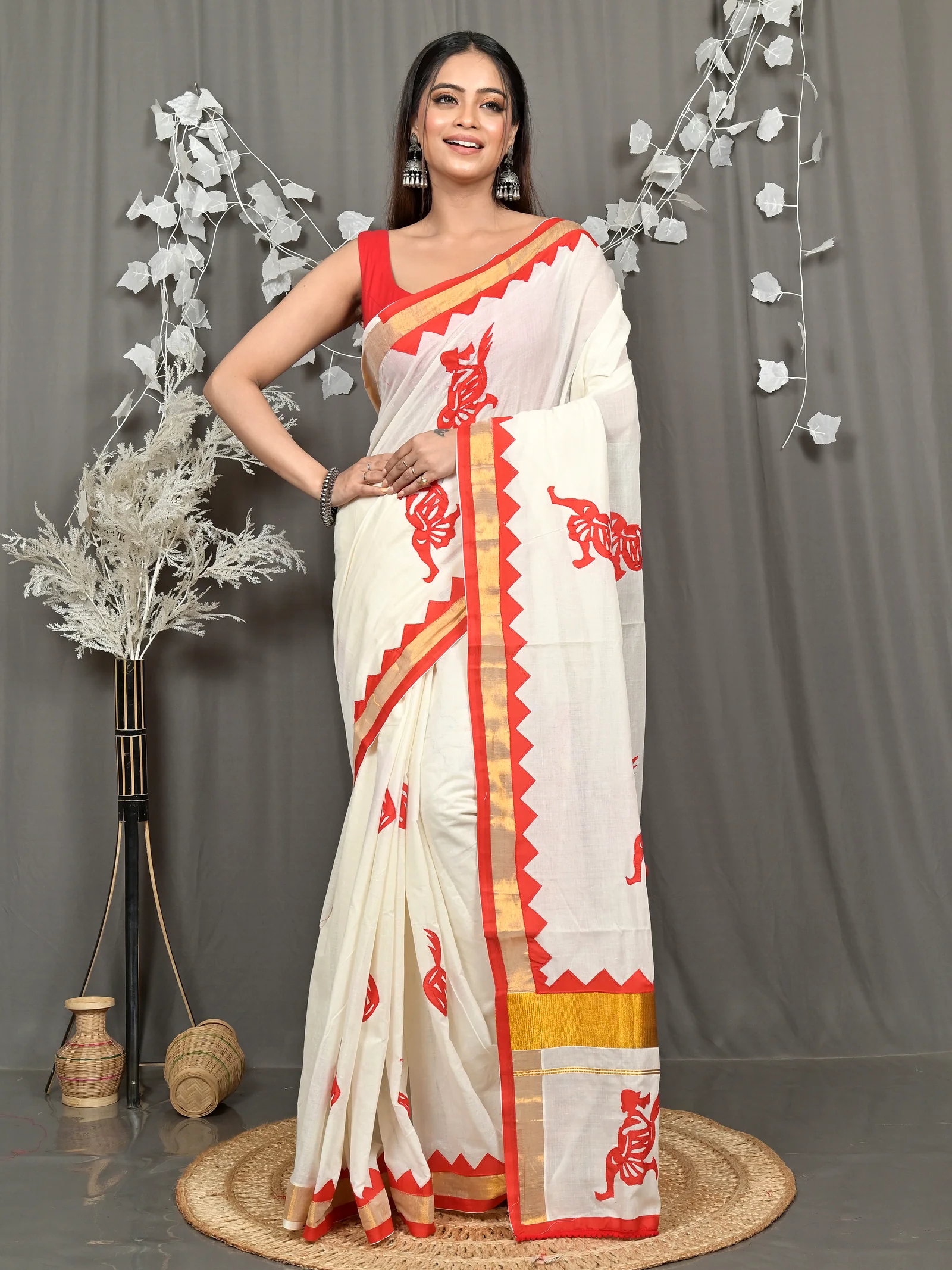 White Red Pure Cotton Borma Handloom Saree (2261)