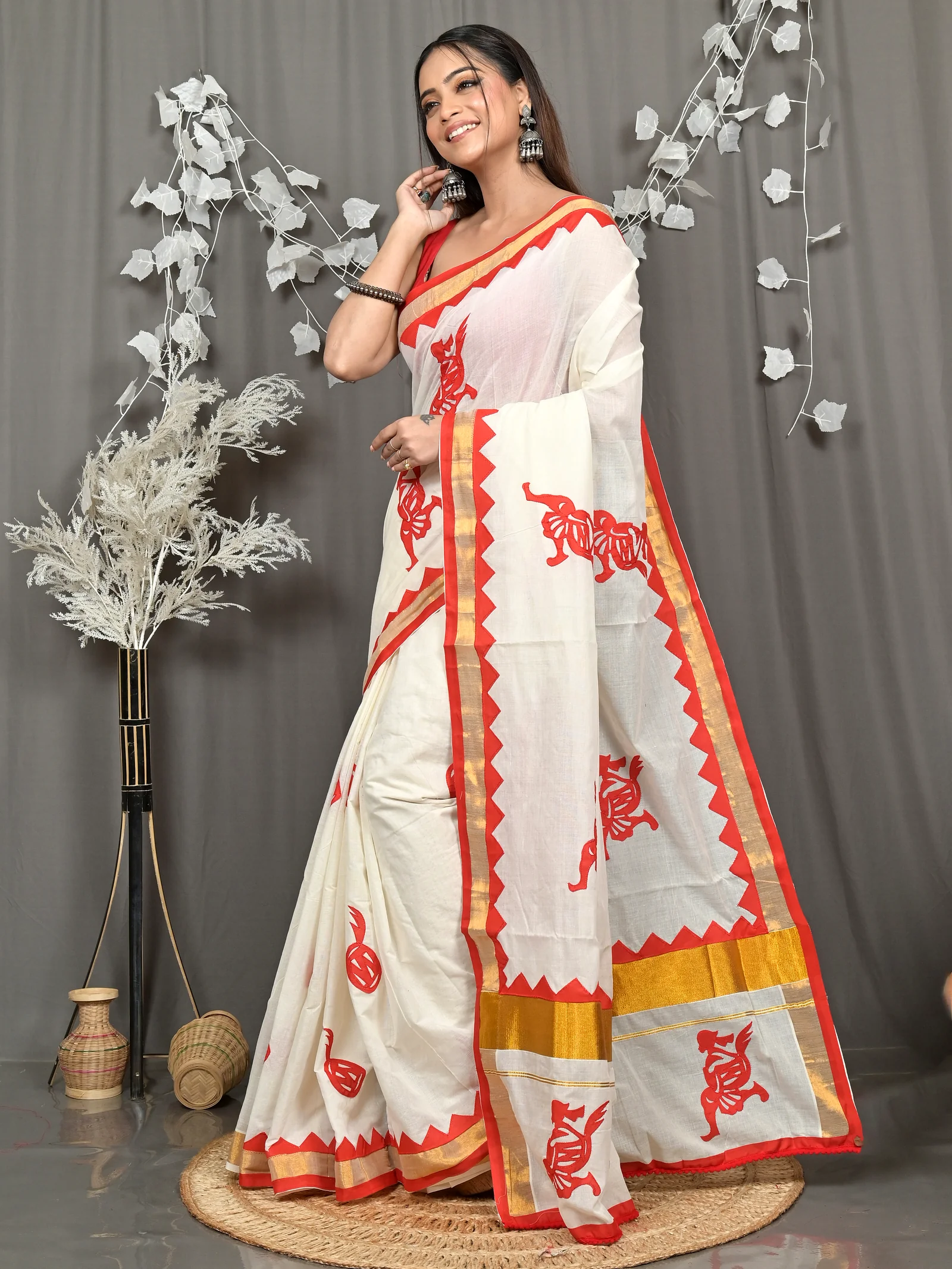White Red Pure Cotton Borma Handloom Saree (2261)