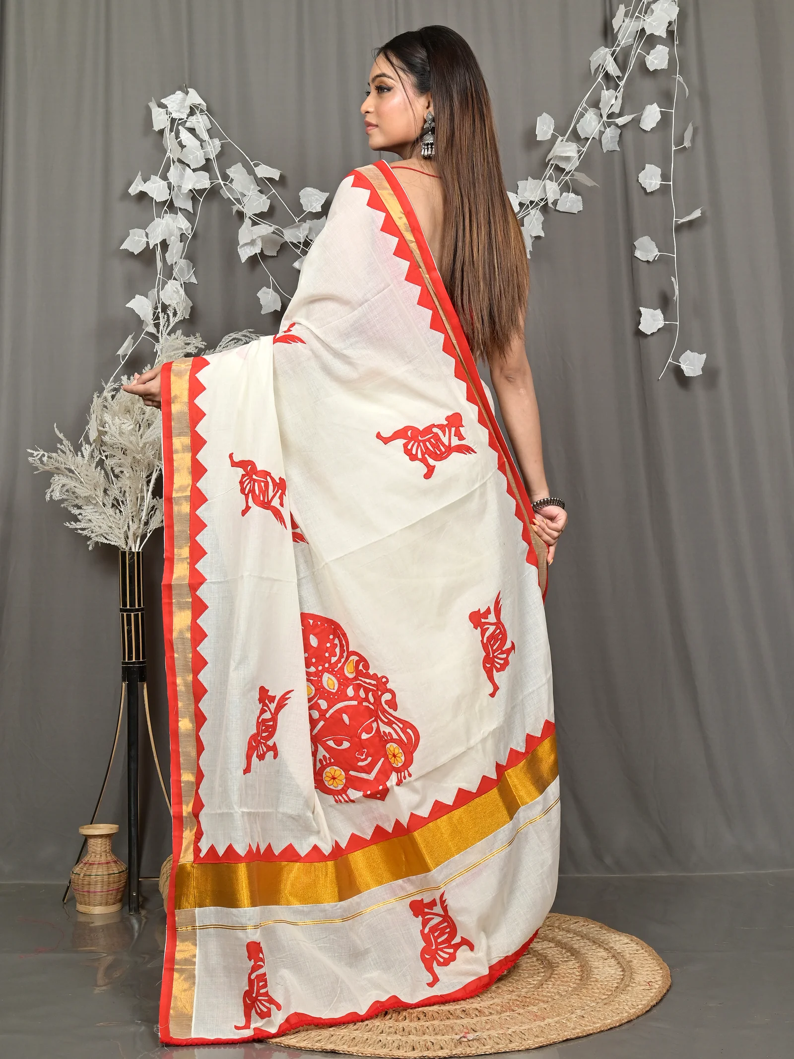 White Red Pure Cotton Borma Handloom Saree (2261)