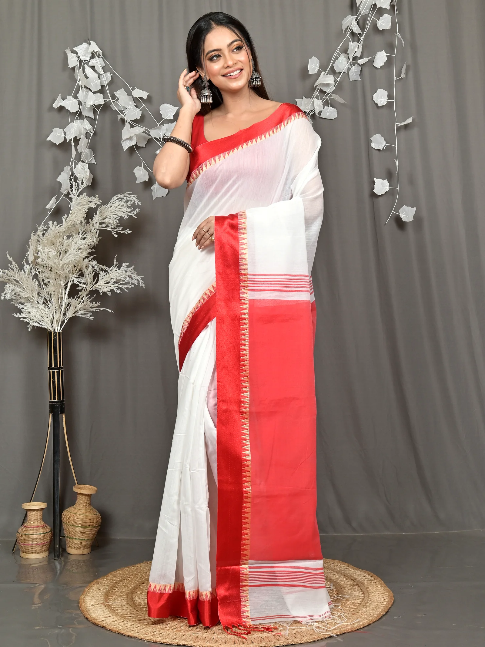 White Red Pure Cotton Borma Handloom Saree (2262)