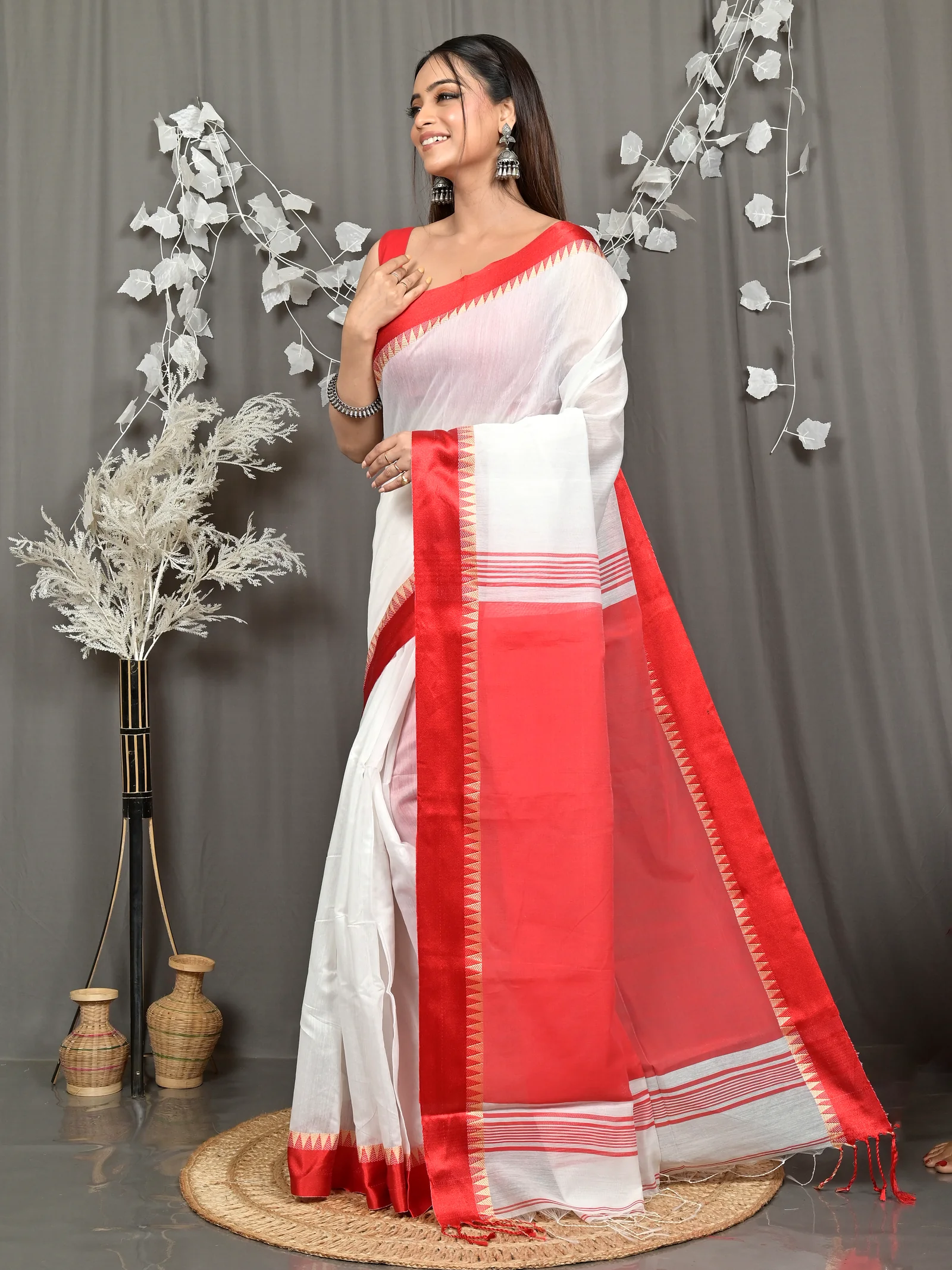 White Red Pure Cotton Borma Handloom Saree (2262)