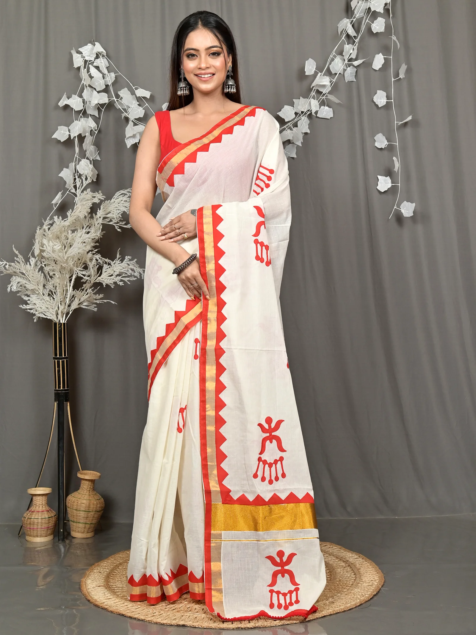White Red Pure Cotton Borma Handloom Saree (2263)