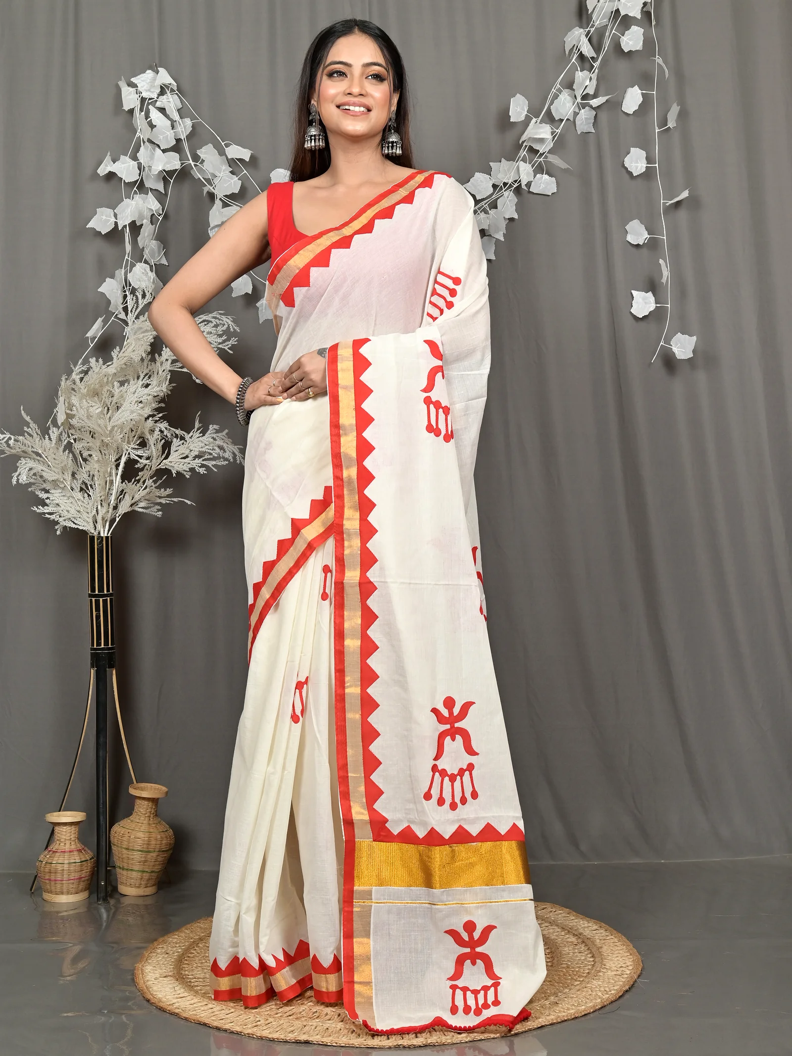 White Red Pure Cotton Borma Handloom Saree (2263)