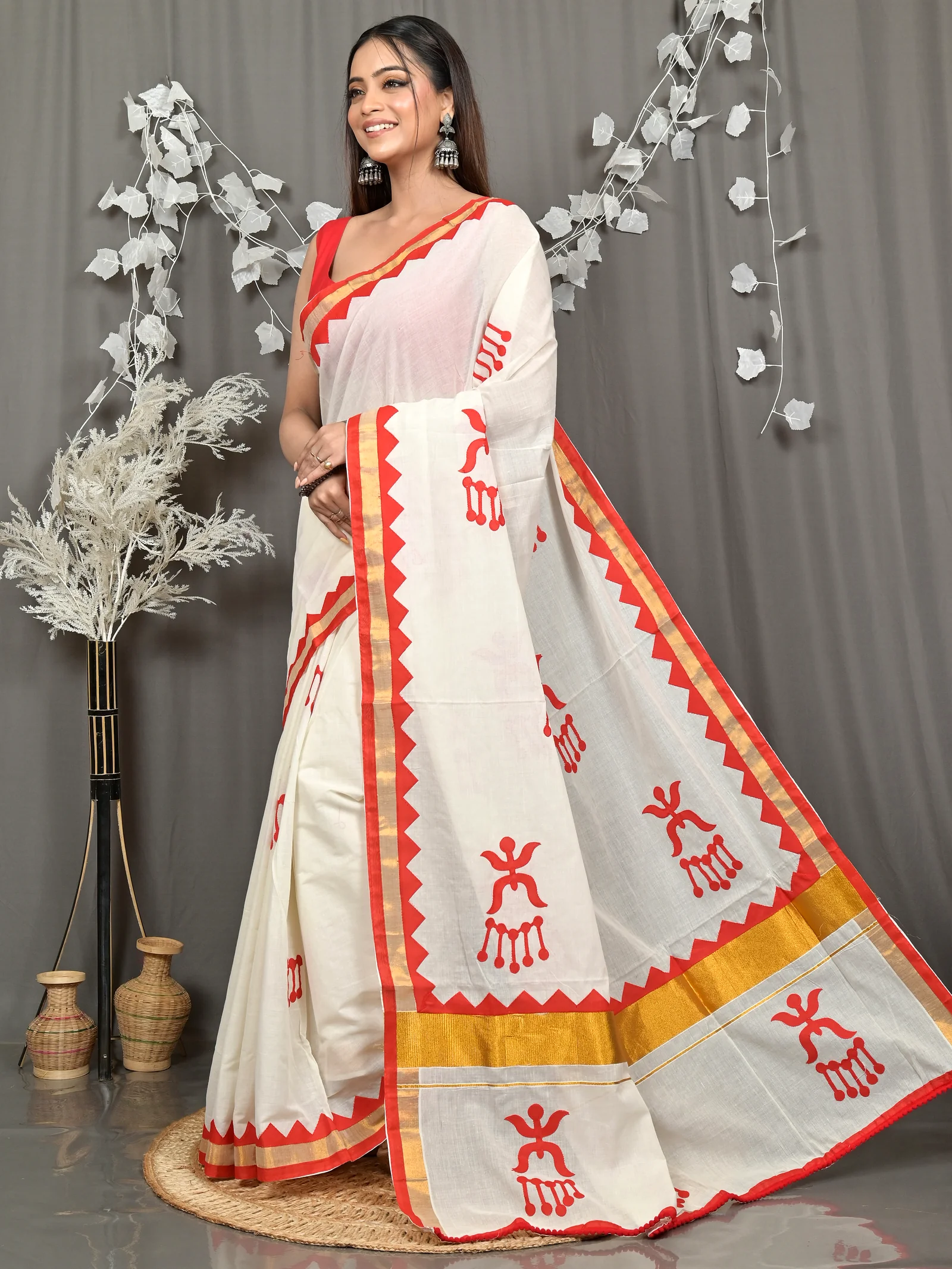 White Red Pure Cotton Borma Handloom Saree (2263)