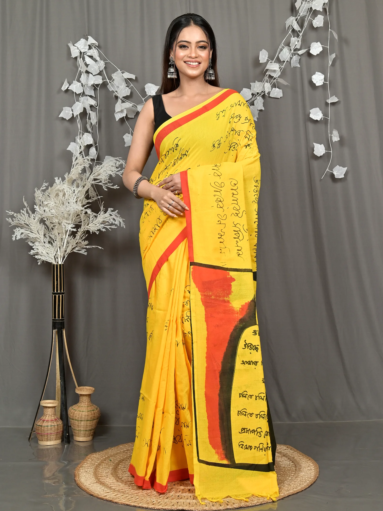 Yellow Pure Cotton Nopa Printed Handloom Saree (2264)