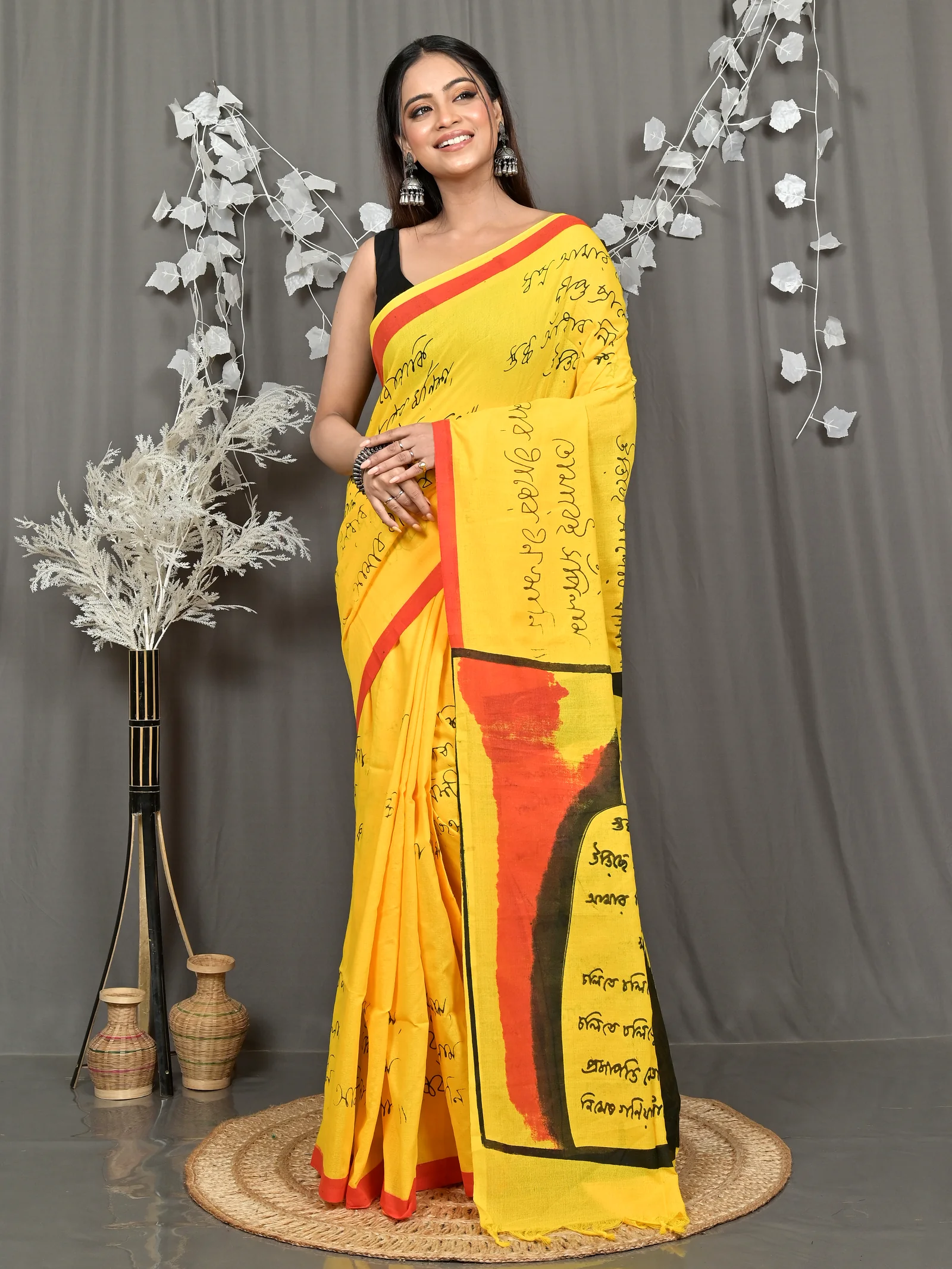 Yellow Pure Cotton Nopa Printed Handloom Saree (2264)