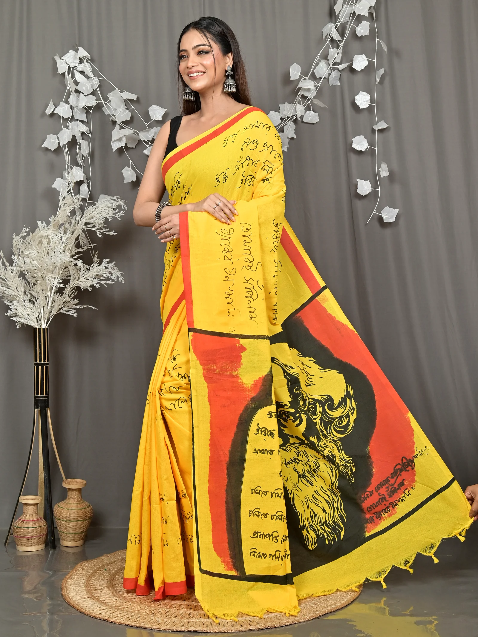 Yellow Pure Cotton Nopa Printed Handloom Saree (2264)