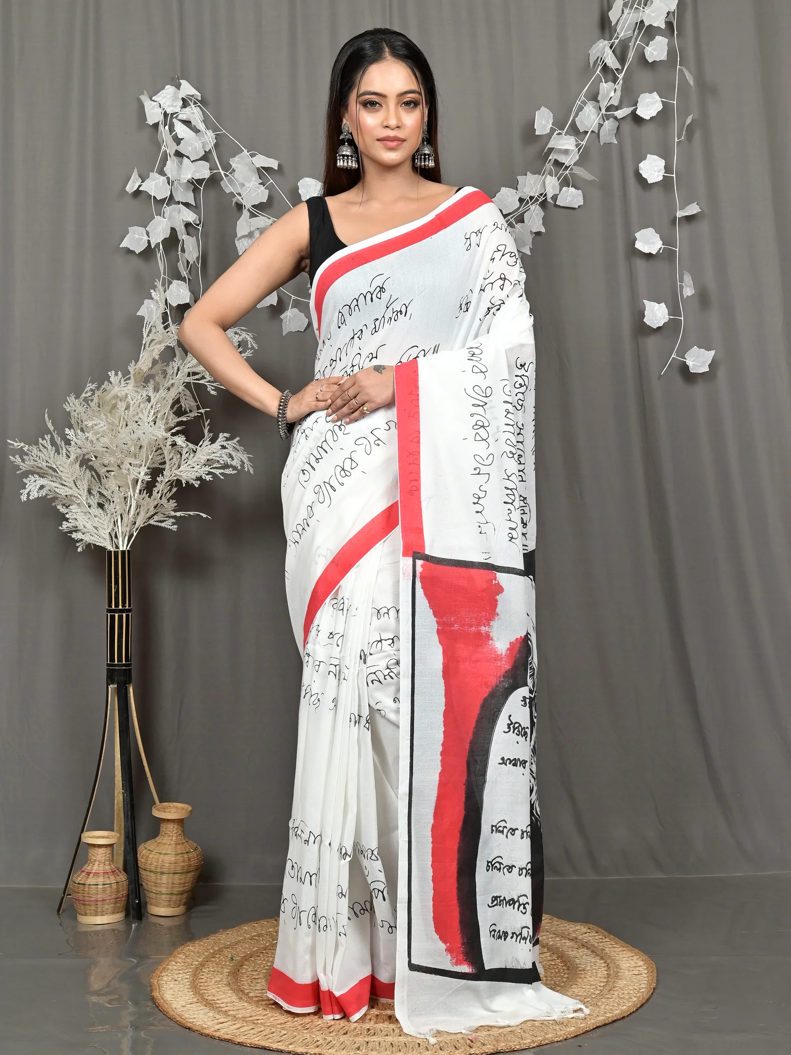 White Pure Cotton Nopa Printed Handloom Saree (2265)