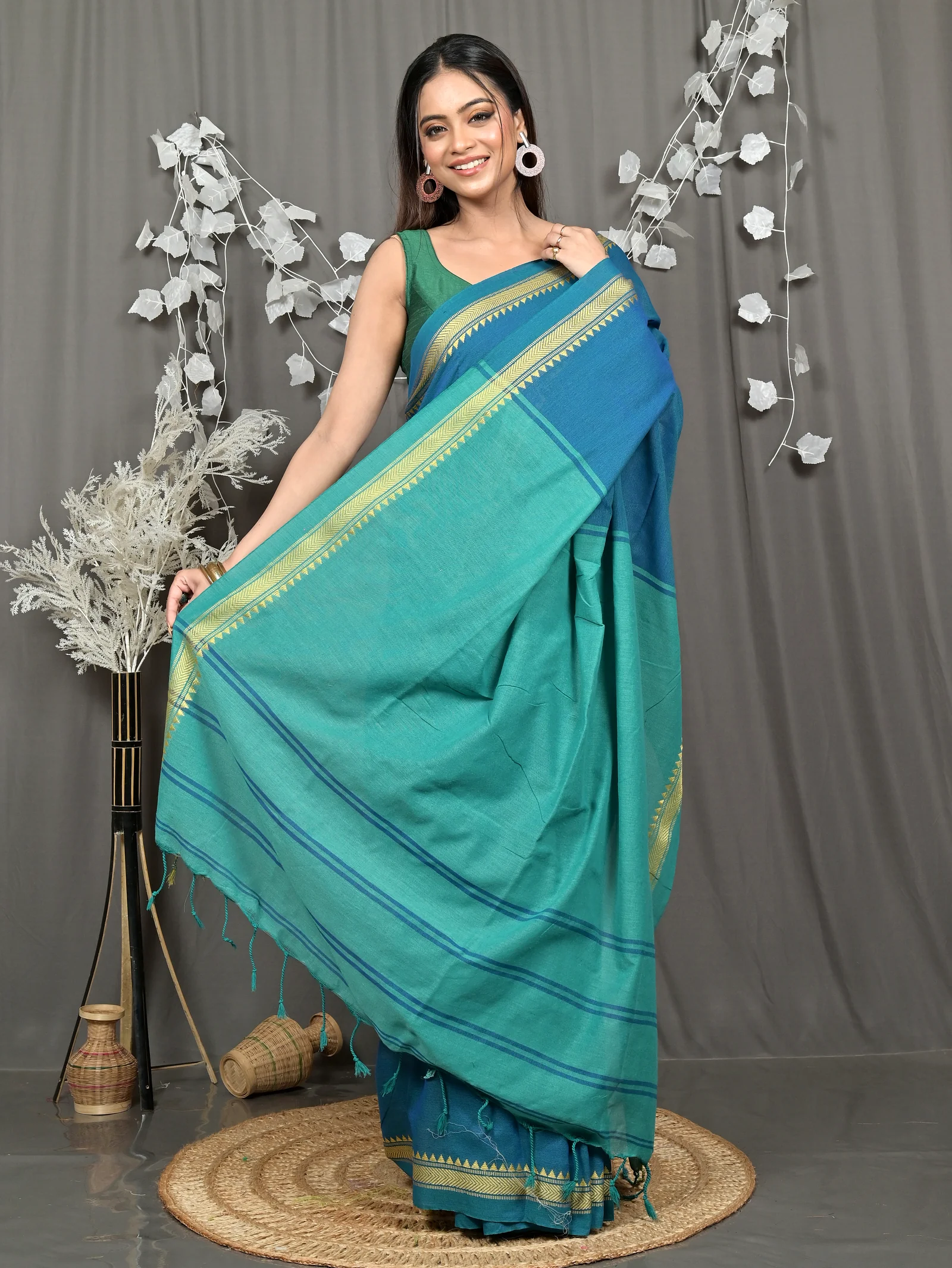 Dark Green Pure Cotton Nopra Handloom Saree (2266)