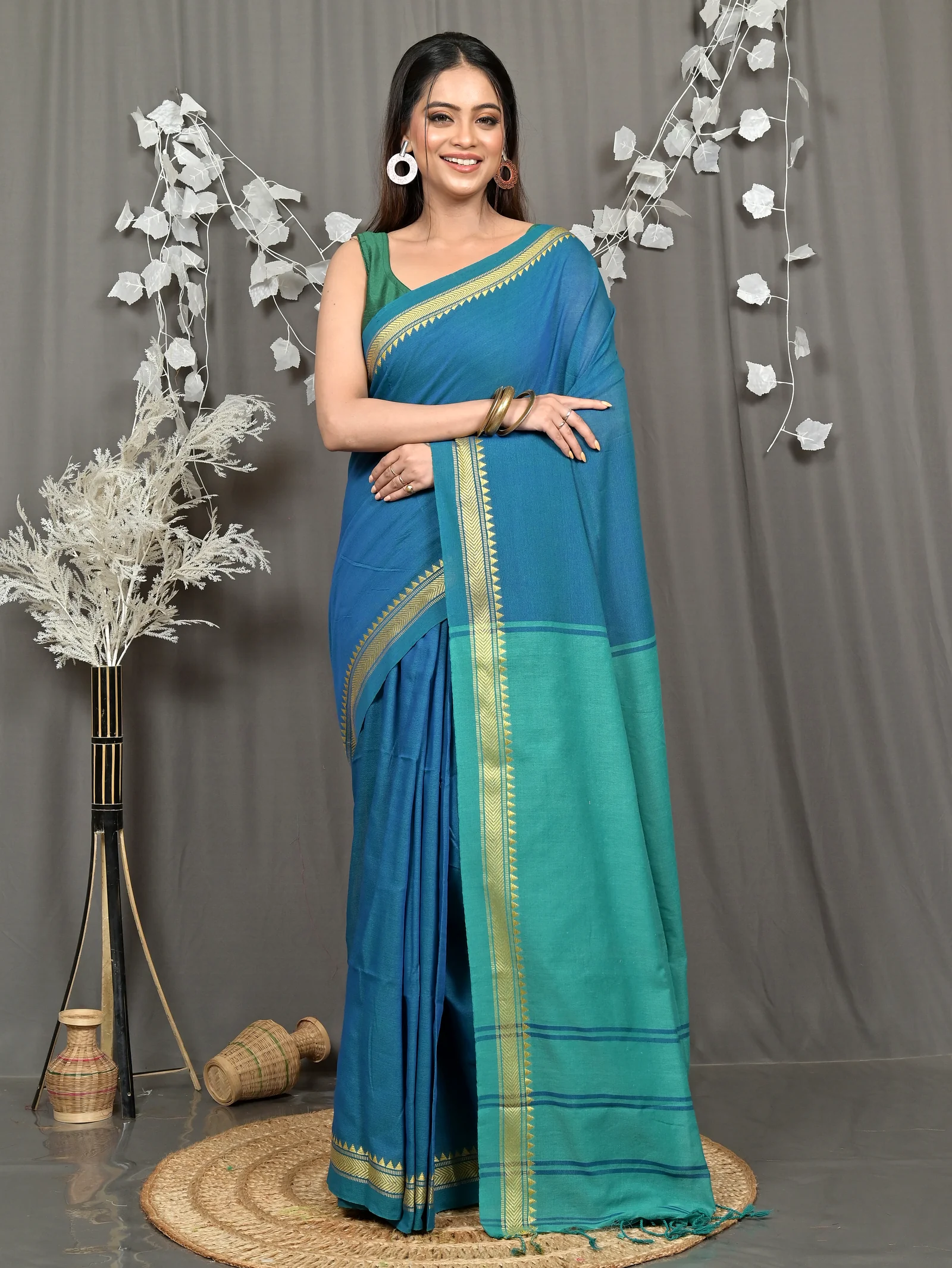 Dark Green Pure Cotton Nopra Handloom Saree (2266)