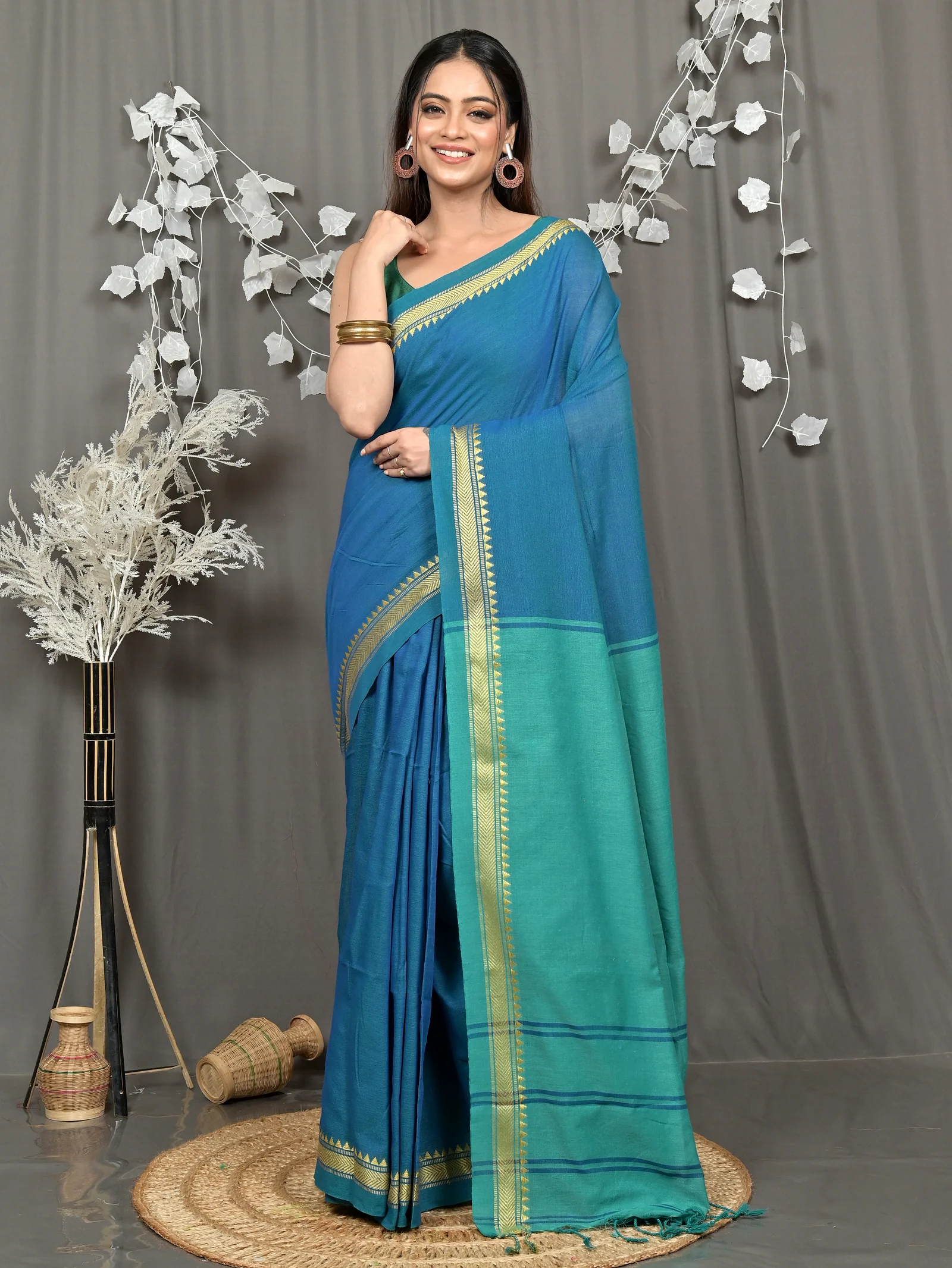 Dark Green Pure Cotton Nopra Handloom Saree (2266)