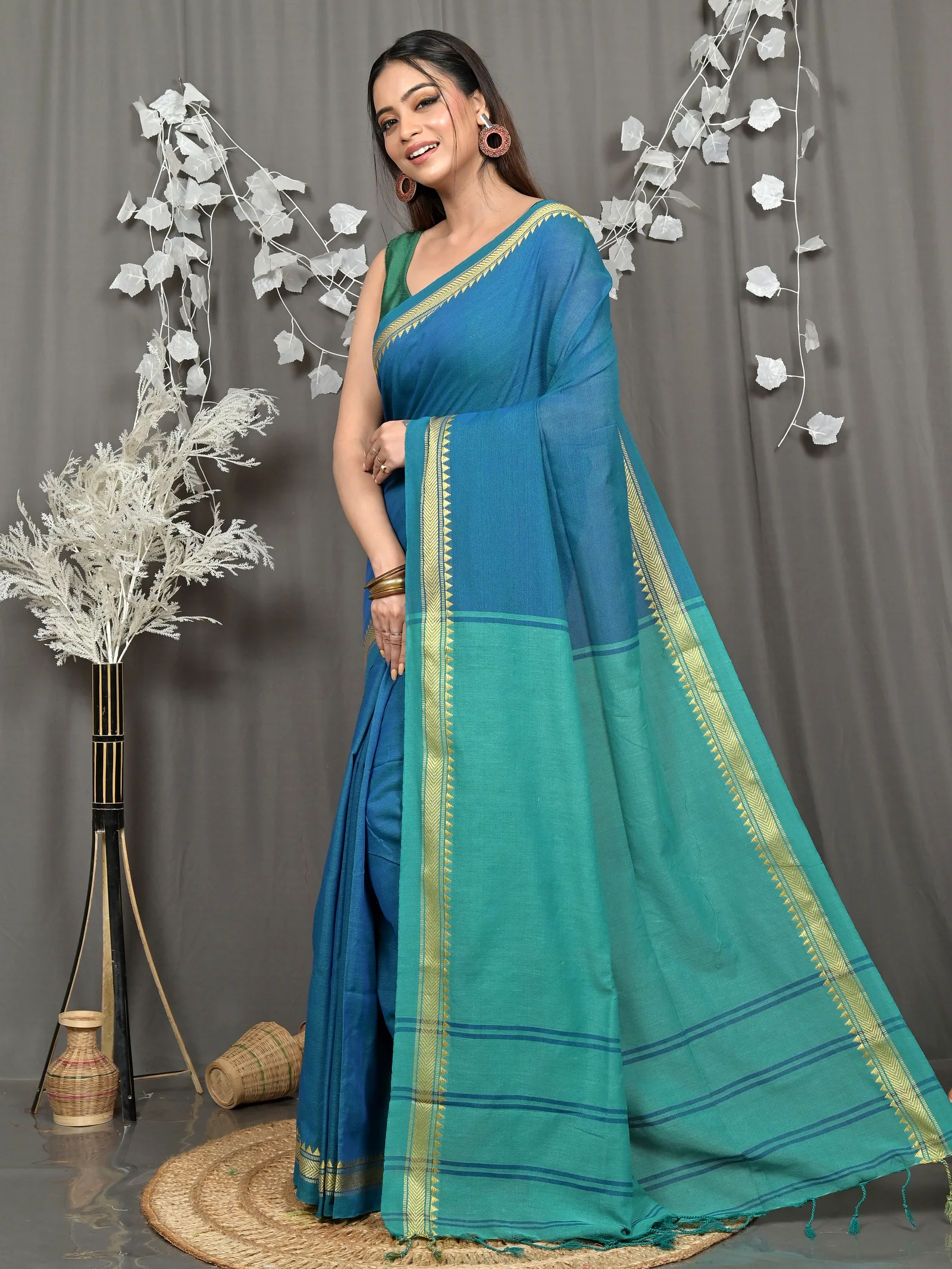 Dark Green Pure Cotton Nopra Handloom Saree (2266)
