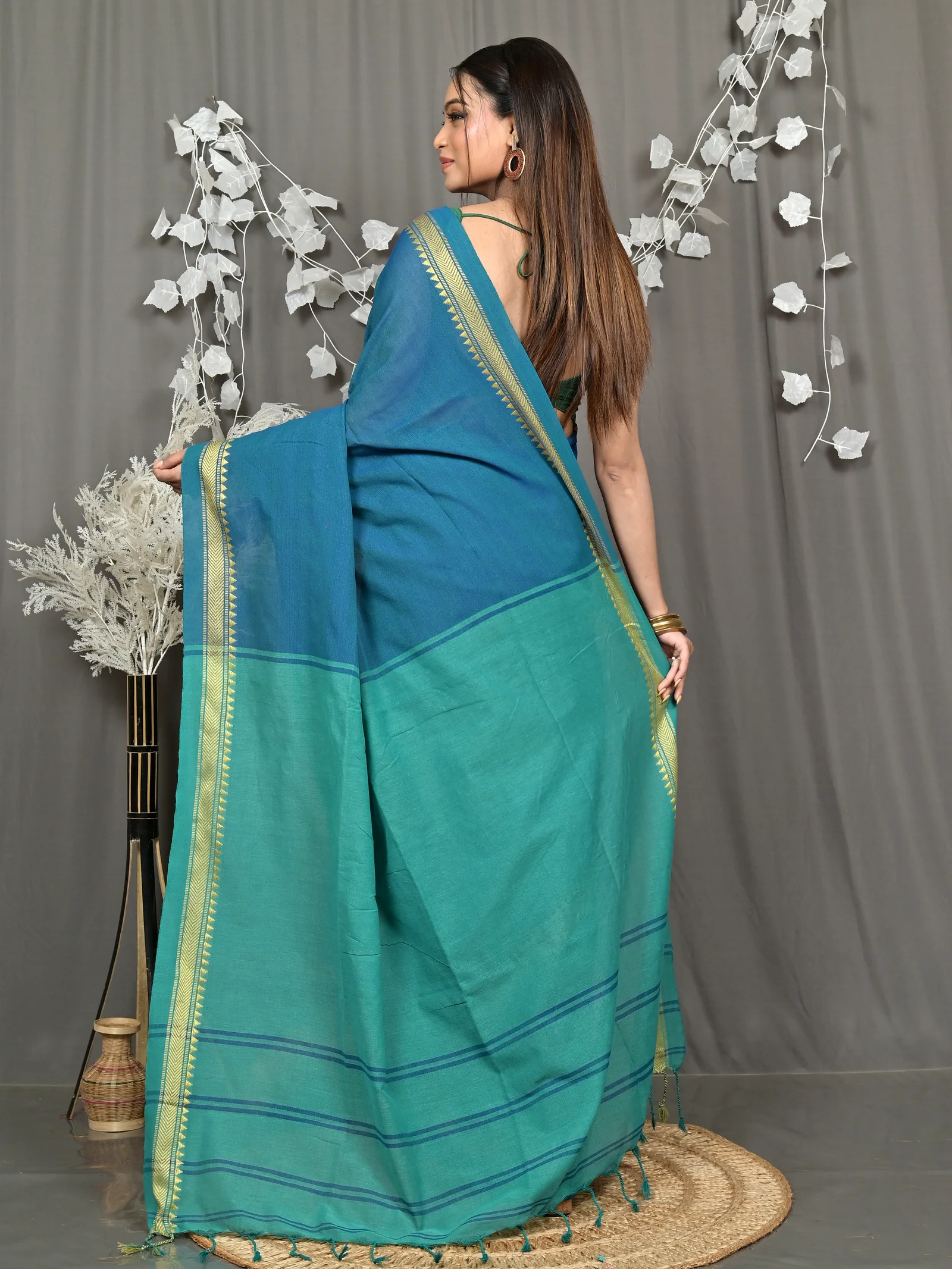 Dark Green Pure Cotton Nopra Handloom Saree (2266)